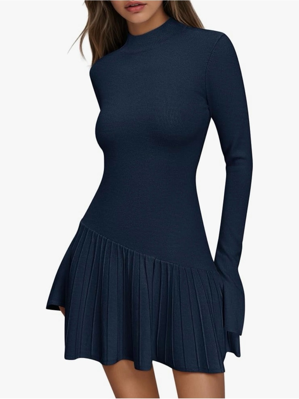 NWT Navy BlueLong-Sleeve Pleated Hem Knit Dress- Ruffle Hem Flared- French Girl